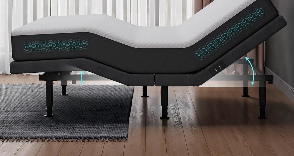 Massage base with a foam mattress in a reclined position; wave lines mark where the massage motors sit